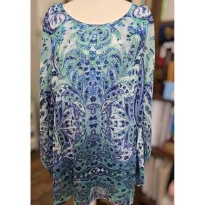 G Collection 1X Paisley Beaded Blouse Women Blue Green Kimono Sleeve